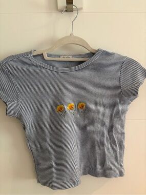 Brandy Melville Blue & White Striped Tee with Yellow Flower Embroidery